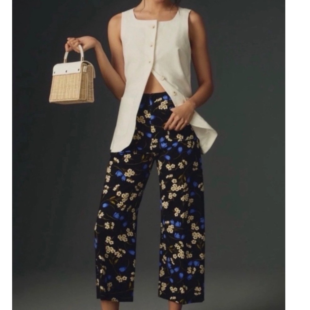 Anthropologie Maeve Colette Cropped Wide Leg Pants Black Blue Floral 28 Petite